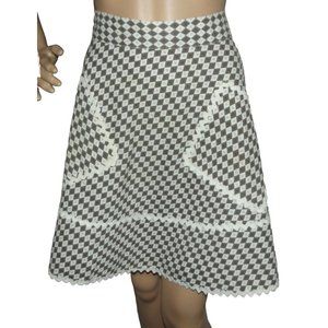 Vintage Apron Brown White Geometric Diamond Print rick rack trim pockets tie bac
